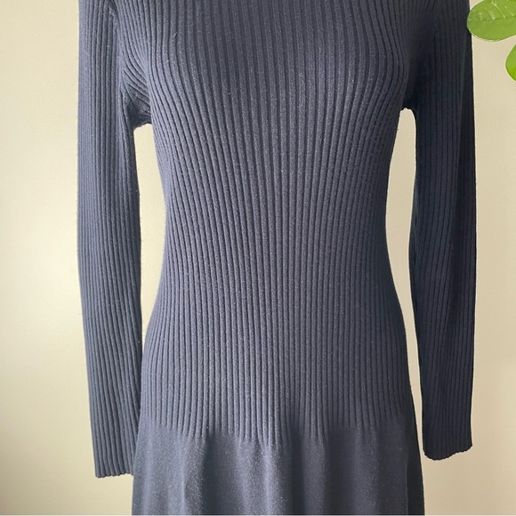 Calvin Klein Ribbed Long Sleeve Midi Sweater Knit Dress Drop Waist Navy Blue - Picture 5 of 7